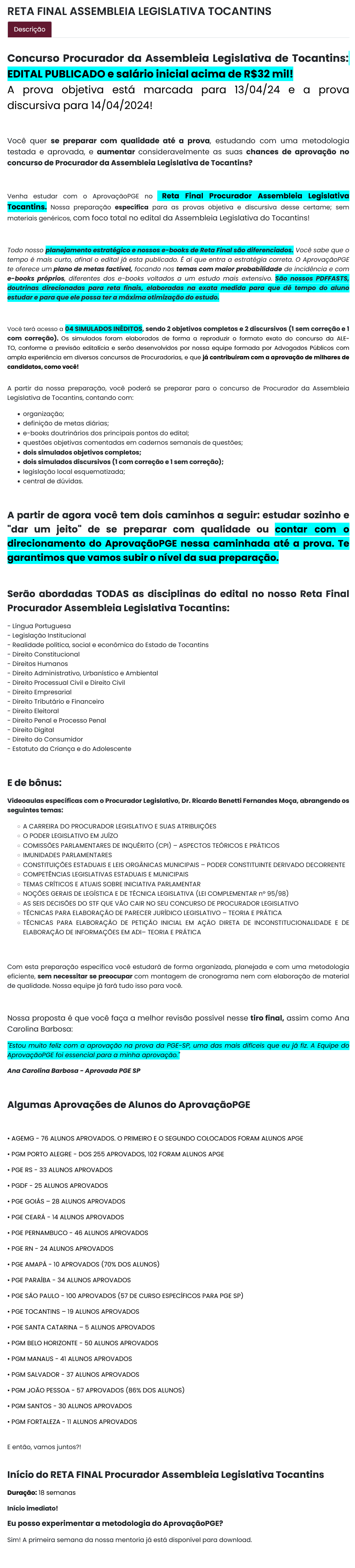 PROCURADOR ASSEMBLEIA LEGISLATIVA DE TOCANTINS - ALETO - RETA FINAL - PÓS EDITAL - APROVAÇÃO PGE 2024