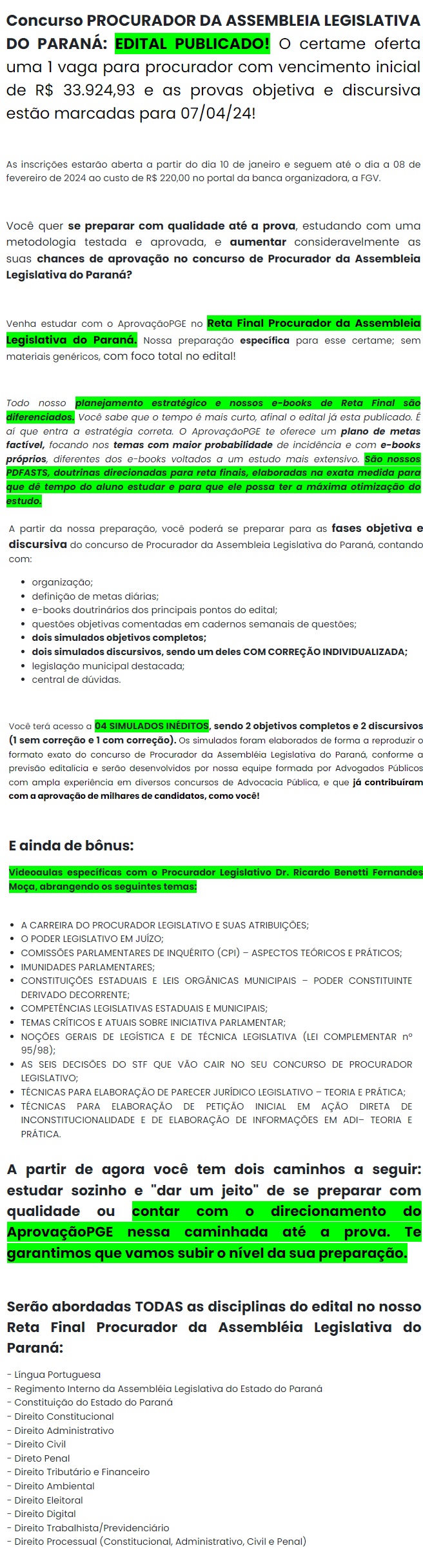 PROCURADOR ASSEMBLEIA LEGISLATIVA DO PARANÁ - ALPR - RETA FINAL - PÓS EDITAL - APROVAÇÃO PGE 2024